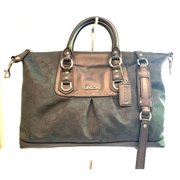 Coach Ashley Sateen & Leather Two-Way Shoulder Satchel Metallic Charcoal Grey - Picture 2 of 8